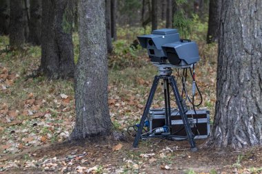 speed camera is standing in the forest. shallow depth of field. there is tinting clipart
