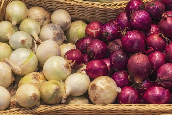 Una pequeña tienda. cebollas están en exhibición. rojo y blanco. primer plano . — Foto de stock gratis