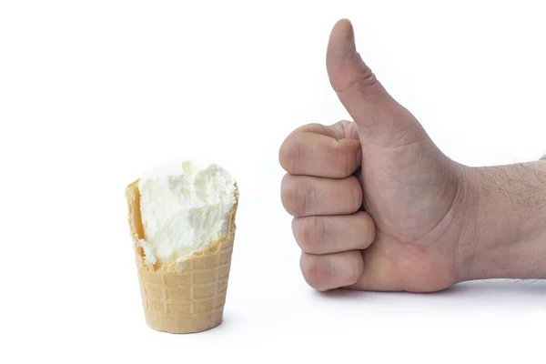 Ice cream in a waffle cup. Male hand shows thumb up. Close-up. Isolated on a white background — Stock Photo, Image