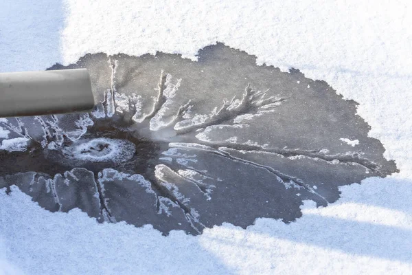 Liquid Flows Pipe Lake Melts Ice Tint Close — Stock Photo, Image