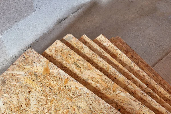 Osb Material Construcción Losa Hecha Serrín Renacido Están Apilados Primer — Foto de Stock