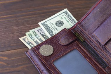 Tarçın cüzdanı. Beş rublesi var ve yanında 100 dolarlık banknotlar var. Döviz büyümesi kavramı.