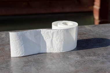 Geçmişe dönük ahşap zemin üzerinde pirimit tuvalet kağıdı ile kaplanmış..