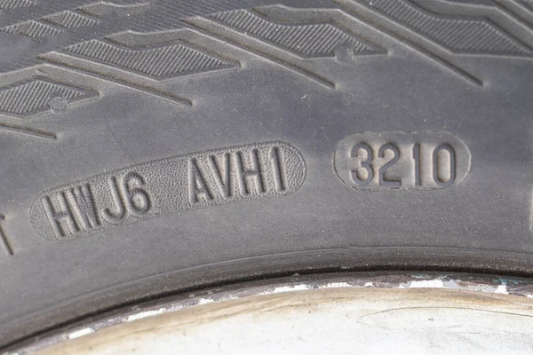 Stamping Tire Date Year Issue Indicated Close Old Wheel Replacement — Stock Photo, Image