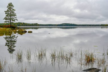 İsveç Varmland 'da sakin bir göle yansıyan bulutlar