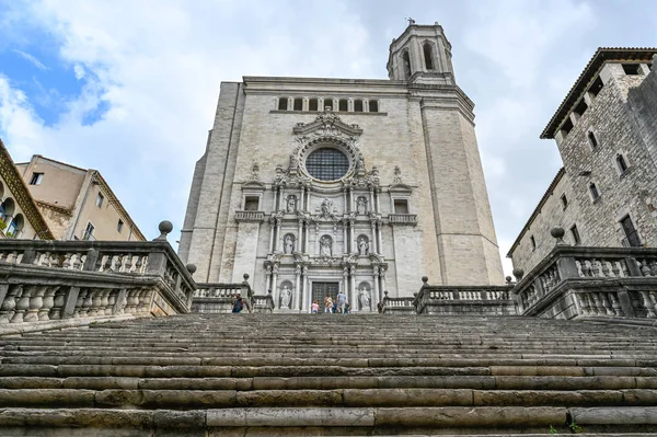 stairs outside the cathedral of Girona with tourists