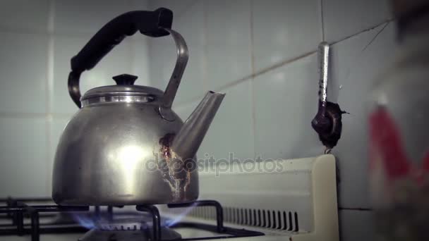 Oude waterkoker, koken op vuur — Stockvideo