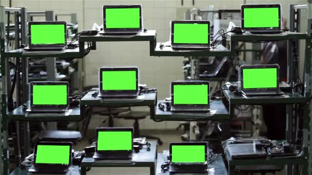 Компьютерная фабрика с зелеными экранами — стоковое видео