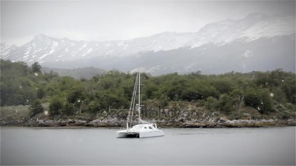 Zeilboot verankerd in het Beagle-kanaal — Stockvideo