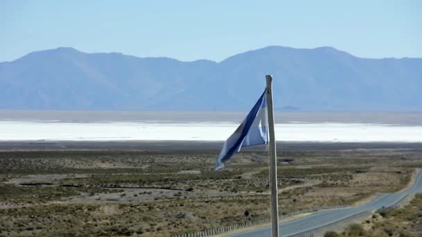 Argentyński flaga w Salinas Grandes soli z płaskim — Wideo stockowe