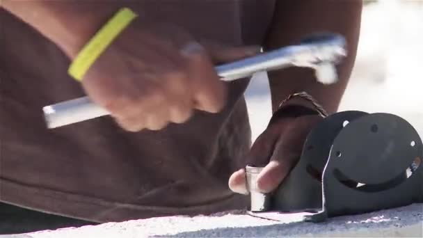 Man working on the roof with tools — Stock Footage Man Working Roof Tools Stock Video
