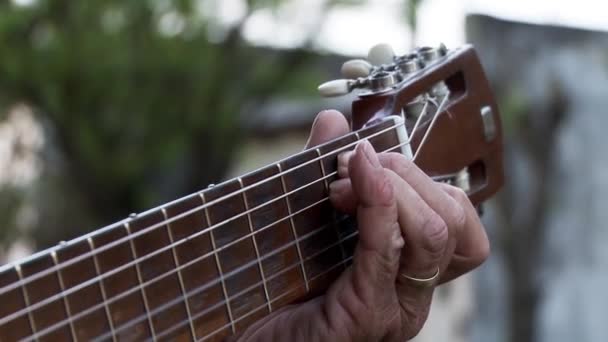 Mężczyzna Gra Gitara Szczelnie Góry — Wideo stockowe