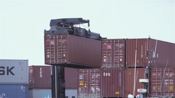 ポートの荷役および荷役コンテナ内のクレーントラック アルゼンチンのティエラ フエゴ州ウシュアイアで撮影 — ストック動画