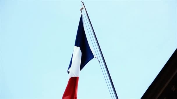 France Flag Proudly Waving Blue Sky Building Paris Close — Stock video