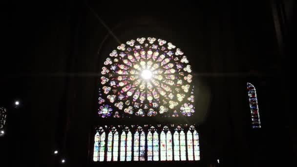 Soleil Brille Travers Rosace Célèbre Cathédrale Notre Dame Paris France — Video