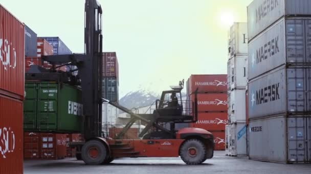 Ushuaia Tierra Del Fuego Argentina 2019 集装箱码头 装有起重机 从阿根廷乌斯怀亚的一辆卡车卸下集装箱 — 图库视频影像