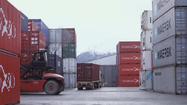 Ushuaia Tierra Del Fuego Argentina 2019 Terminal Kontenerowy Dźwigiem Rozładunek — Wideo stockowe