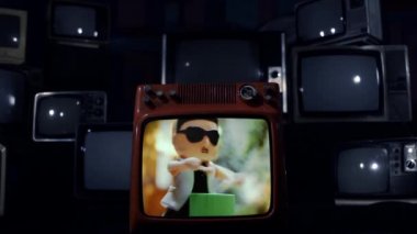 Patlayan bir Retro TV 'nin davulcusu. Mavi Koyu Ton. 