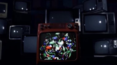 Patlayan Retro TV 'deki Bilgisayar Animasyon Molekülleri. Mavi Koyu Ton. 