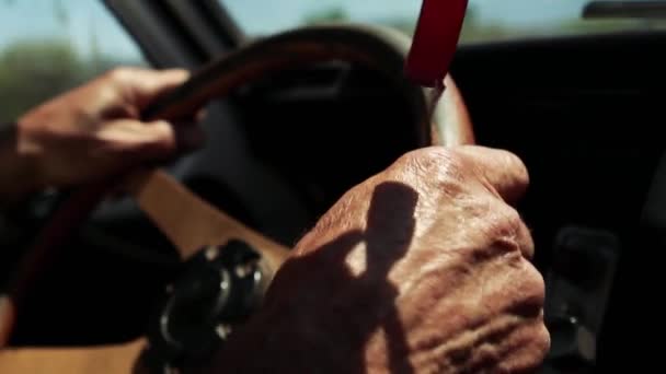 Wrinkled Hands Senior Man Driving Old Car Gros Plan — Video