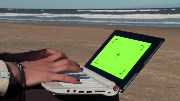 Hombre Usando Ordenador Portátil Con Pantalla Verde Una Hermosa Playa — Vídeos de Stock