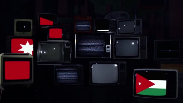 复古电视和约旦国旗 放大放大 蓝色深褐色调 — 图库视频影像
