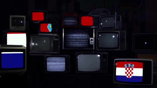 Retro Tvs Bandeira Nacional Croácia Tom Escuro Azul Ampliar — Vídeo de Stock