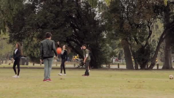 Buenos Aires Argentina 2019 Grupo Adolescentes Jugando Fútbol Parque Tres — Vídeo de stock