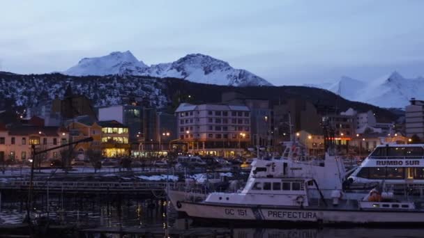 Die Stadt Und Der Hafen Von Ushuaia Morgengrauen Blick Vom — Stockvideo