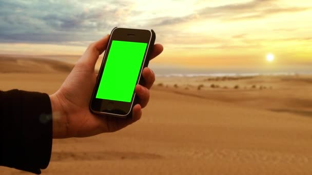 Ανδρικό Χέρι Κρατώντας Ένα Έξυπνο Τηλέφωνο Πράσινη Οθόνη Στην Παραλία — Αρχείο Βίντεο