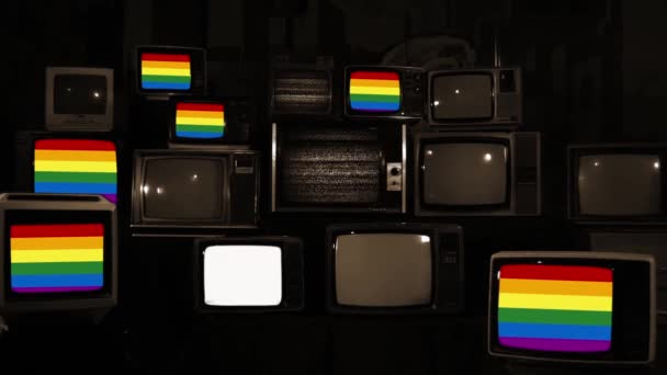 彩虹旗 通常被称为同性恋骄傲旗 Gay Pride Flag 或Lgbtq骄傲旗 Lgbtq Pride Flag 位于复古电视上 — 图库视频影像