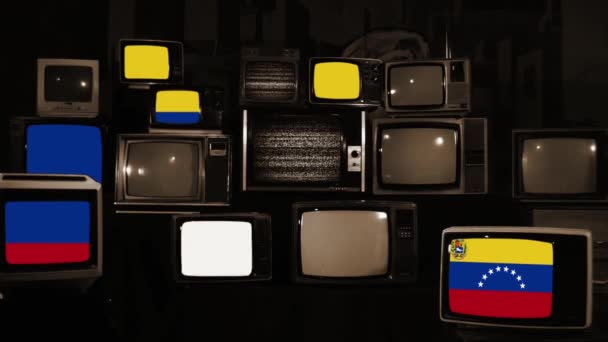 Σημαία Της Βενεζουέλας Και Retro Τηλεοράσεις Σέπια Τόουν — Αρχείο Βίντεο