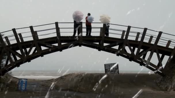 Drie Jonge Mannen Met Paraplu Een Houten Brug Een Regenachtige — Stockvideo