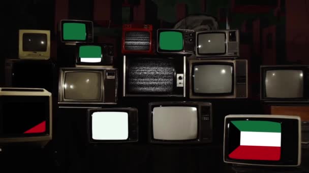 クウェートとレトロテレビの旗 ズームイン — ストック動画