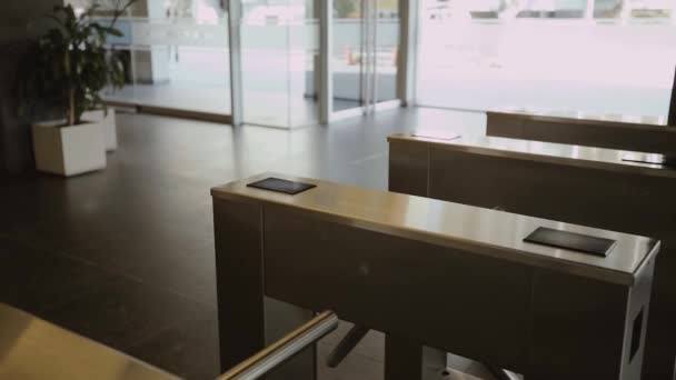 Young Woman Passing Turnstile Office Zoom Shot — Stock Video