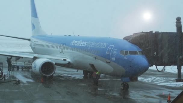Ushuaia Argentyna 2019 Widok Przodu Samolotu Pasażerskiego Załogi Naziemnej Lotnisku — Wideo stockowe