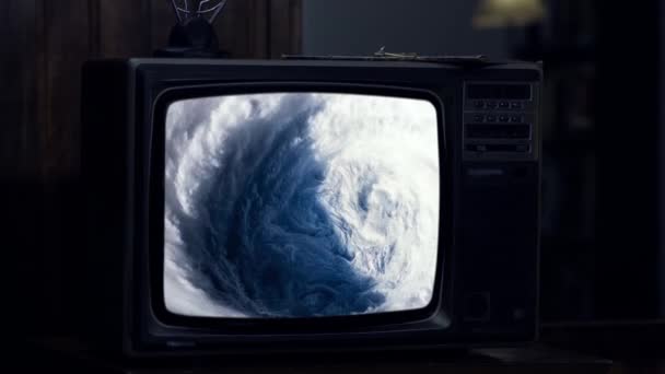 Ojo Huracán Desde Espacio Visto Televisor Retro Tono Azul Oscuro — Vídeos de Stock