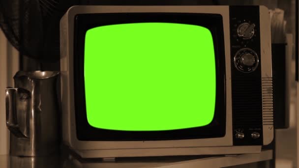 旧式时尚电视打开绿色屏风 Sepia Tone 放大放大 你可以用 关键效果 来代替 绿色屏幕 请访问Youtube上的教程 — 图库视频影像