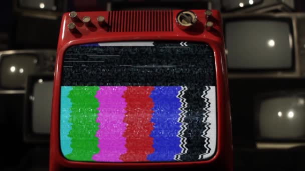 Ρετρό Κόκκινη Τηλεόραση Στατικό Θόρυβο Και Μπαρ Χρώμα Κοντινό Πλάνο — Αρχείο Βίντεο