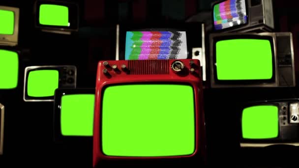 Apilados Televisores Retro Con Pantallas Verdes Barras Color Puede Reemplazar — Vídeo de stock