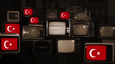 Hindi bayrakları ve Vintage Televizyonlar. Sepia Tone. Yakınlaştır. 