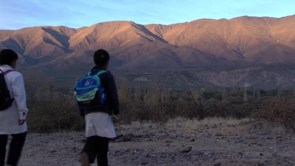 Altiplano Region Argentina 2019 Three Brothers Walk Mountains Going Public — стокове відео