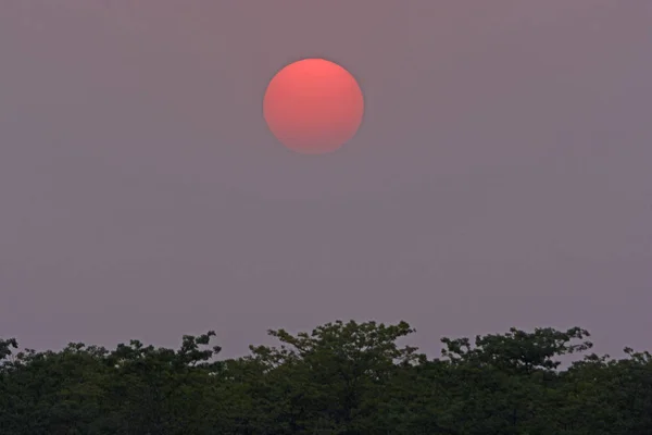 Slunce zapadalo do večerního oparu — Stock fotografie