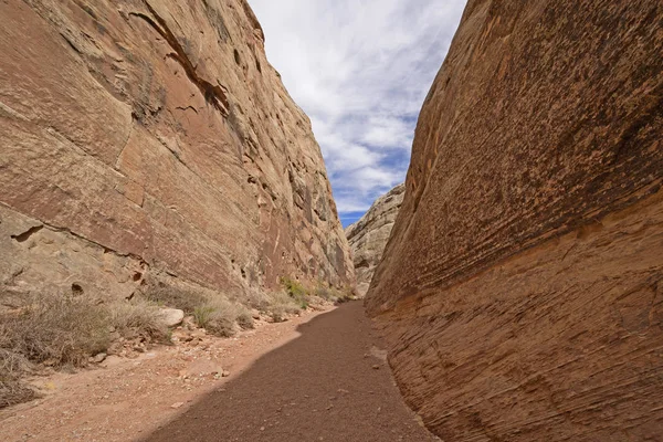 在狭窄的沙漠峡谷中的阴影和光线 — 图库照片