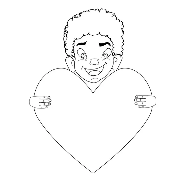 Niño feliz con San Valentín, ilustración vectorial Blanco y negro — Vector de stock