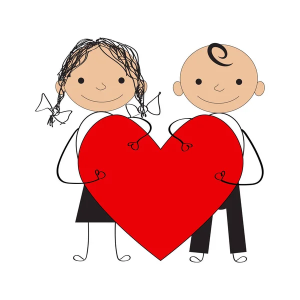 Niño y niña con corazón de San Valentín — Vector de stock