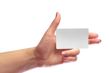 Left Female Hand Hold Blank White Card Mock-up. SIM Cellular Plastic NFC Smart Tag Call-card Mock Up Template. Credit Namecard or Transport Ticket. Christmas Store Discount Loyalty Gift. Copy space. clipart