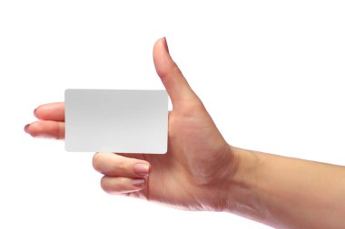 Şu el tutun boş beyaz kartı Mock-up. Sim cep plastik Nfc akıllı etiket arama kartı sahte şablon. Kredi Namecard veya taşıma bilet. Noel Mağaza sadakati hediye indirim. Kopya alanı.