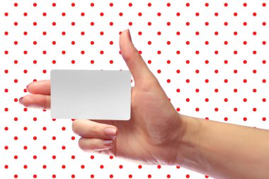 Right Female Hand Hold Blank White Card Mock-up. SIM Cellular Plastic NFC Smart Tag Call-card Mock Up Template. Credit Namecard or Transport Ticket. Christmas Store Discount Loyalty Gift. Copy space. clipart