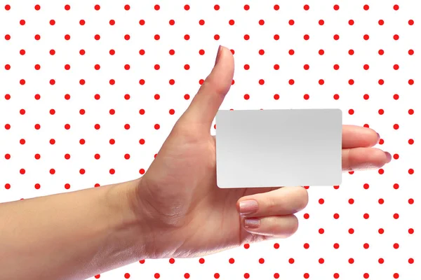 Left Female Hand Hold Blank White Card Mock-up. SIM Cellular Plastic NFC Smart Tag Call-card Mock Up Template. Credit Namecard or Transport Ticket. Christmas Store Discount Loyalty Gift. Copy space. — Stock Photo, Image